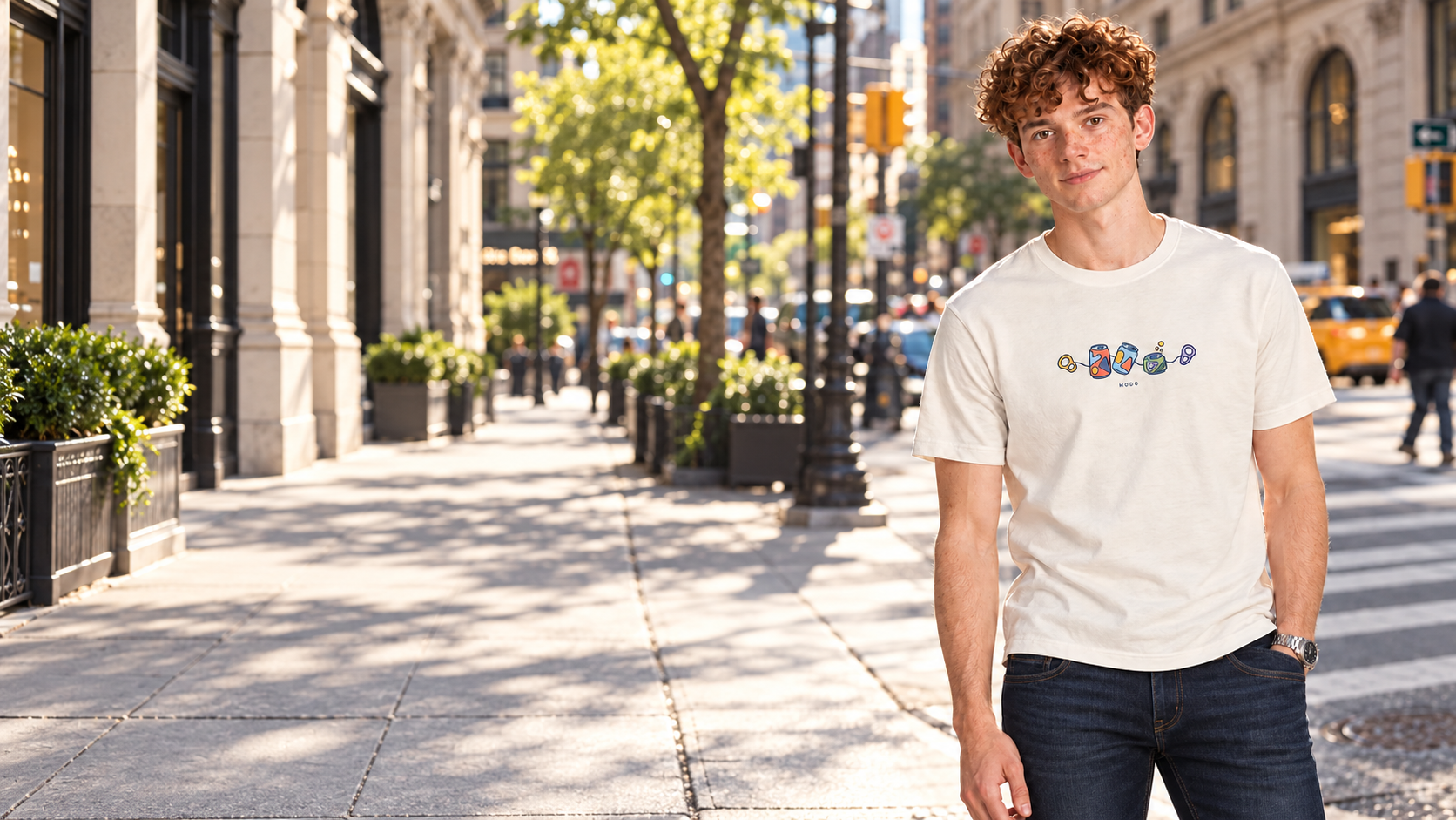 Model wearing a Pop Rhythm light graphic T-shirt