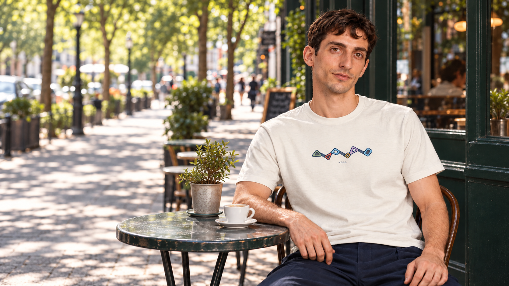Model wearing a Linked Rhythm Zigzag light graphic T-shirt