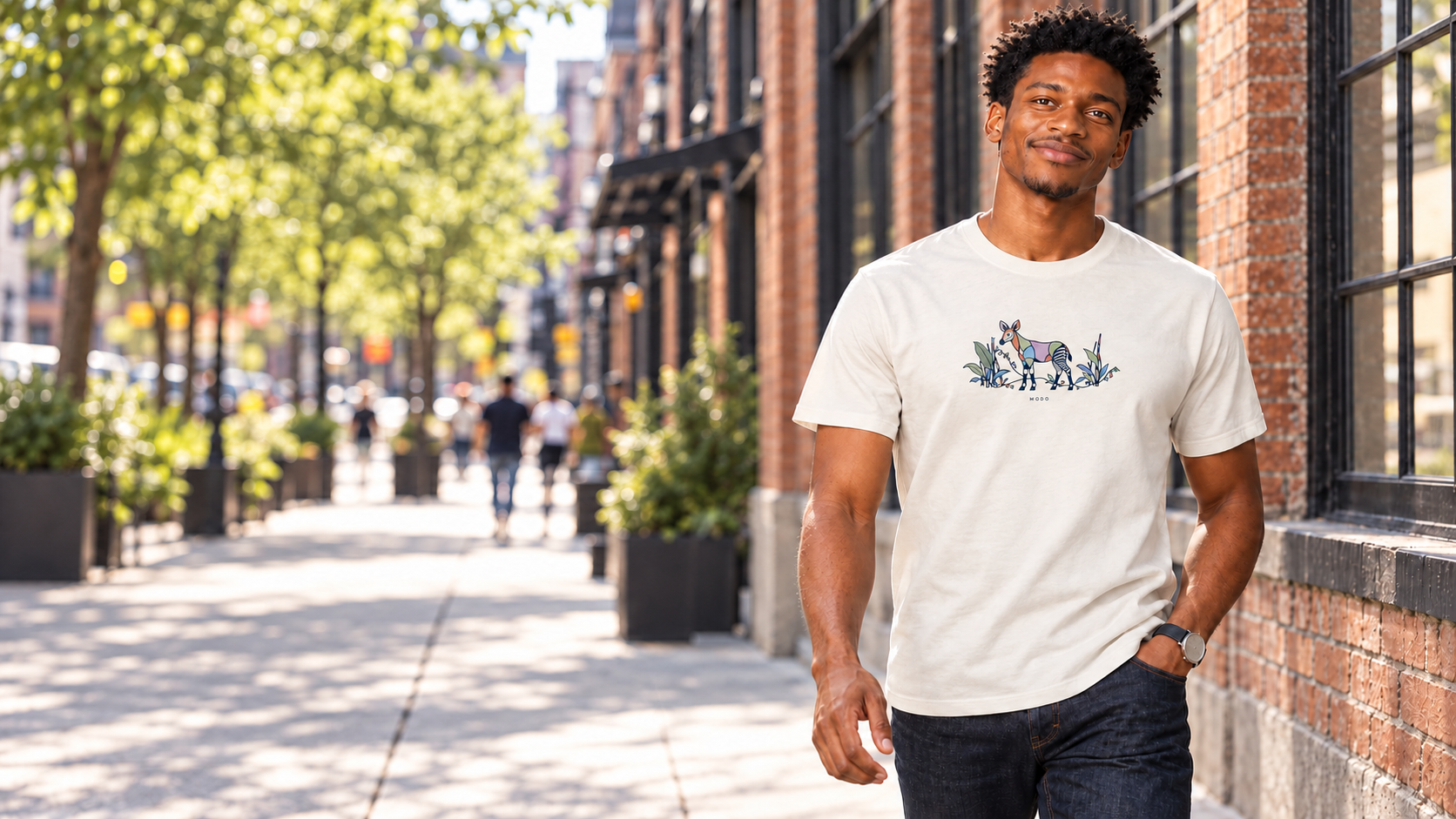 Model wearing an Okapi light graphic T-shirt