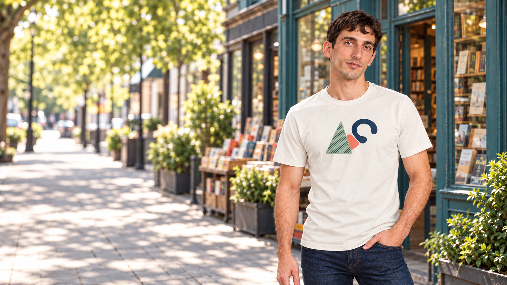Model wearing an Iconic Mark light crewneck T-shirt
