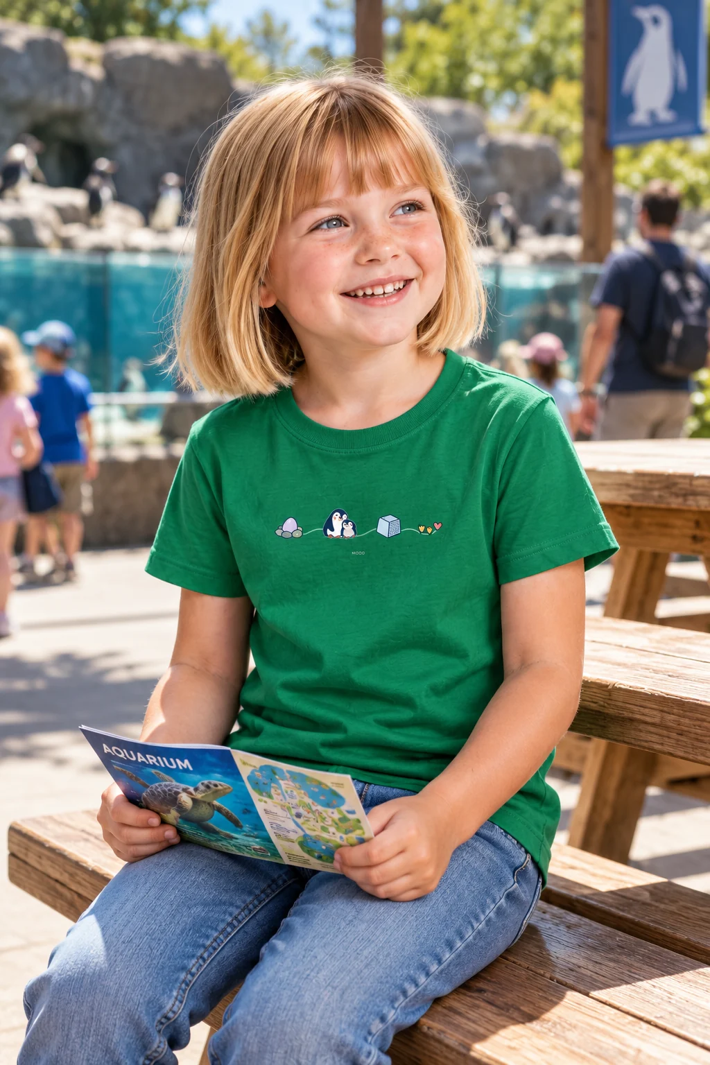 Penguin Family Trail — Kids Cotton T-Shirt in Kelly